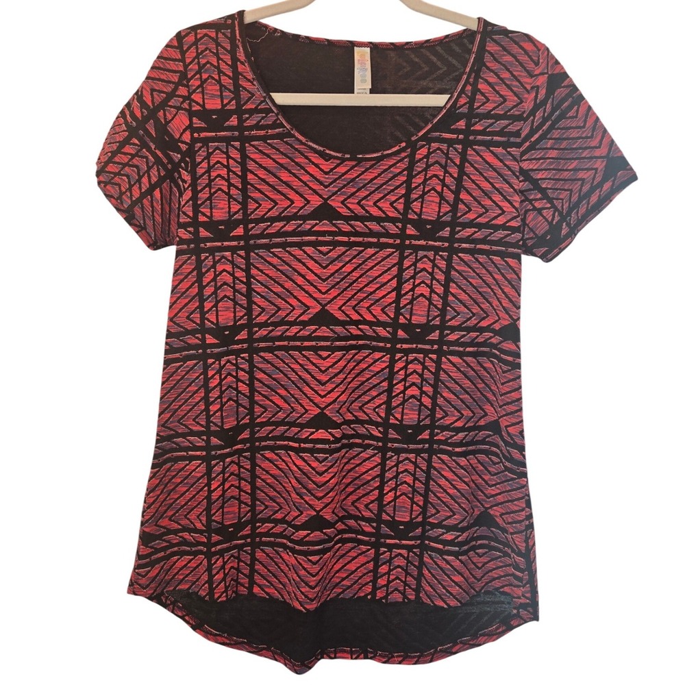 LulaRoe Short Sleeve Top Tunic High Low Red Geometric Bold Tribal Print Small